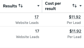 Original Meta Ads Manager results: 17 Website Leads and $11.92 Per Lead.